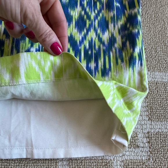 Adrianna Papell Sleeveless Midi Sheath Dress Blue Lime Green Ikat Print Size 14 - Picture 6 of 9